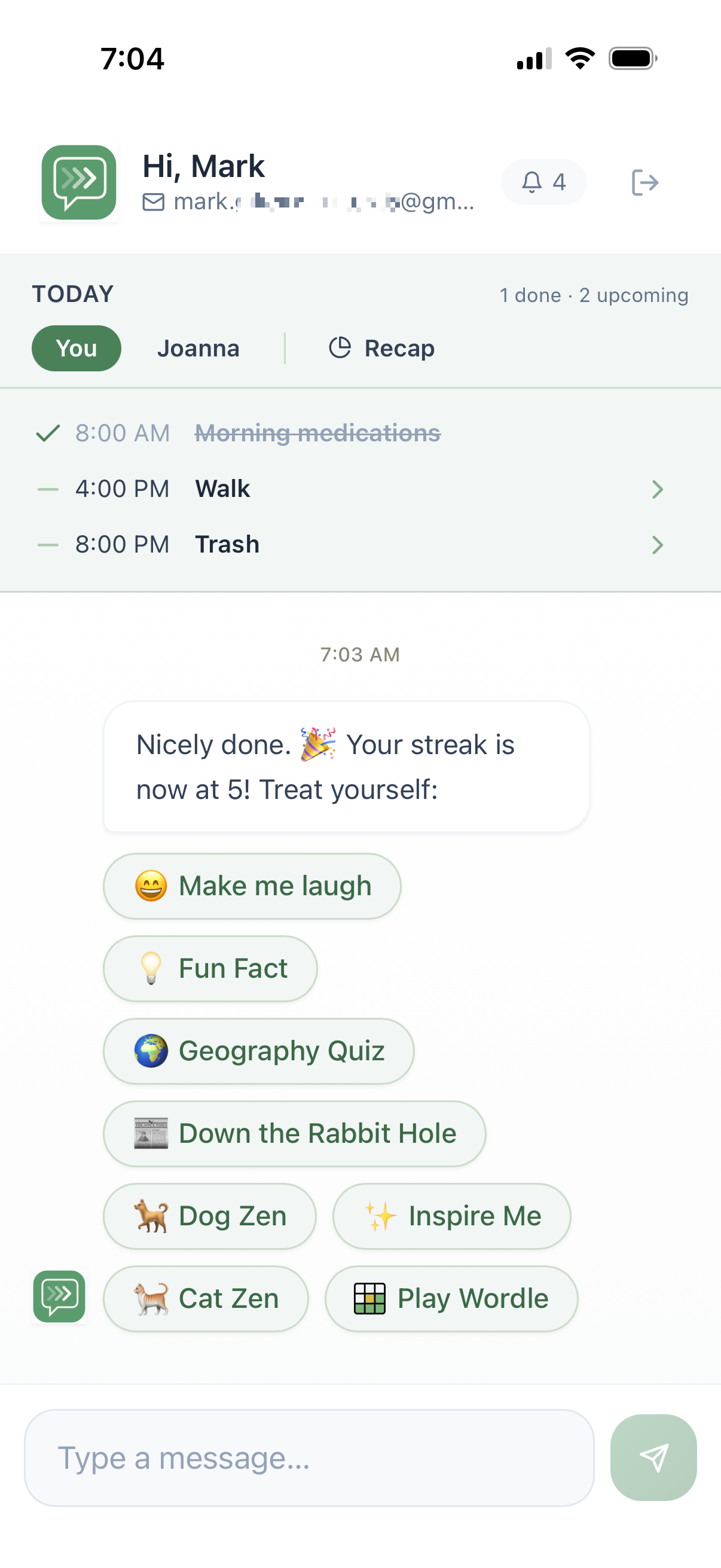 MyHealthNudge in action: the chat shows three saved nudges (morning medications, yoga, walk) and the bot prompting for a new nudge name with example chips beneath.